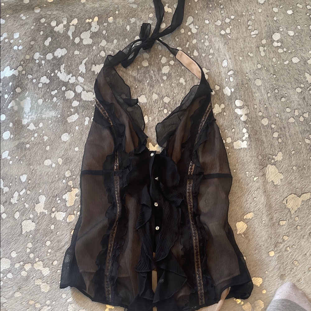 Guess Black Sheer Ruffle Halter Top